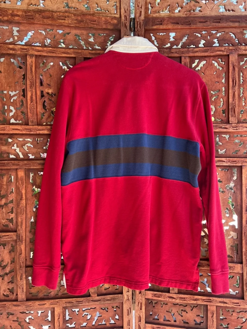 Ralph Lauren Red Rugby Shirt with Navy and Brown Stripes